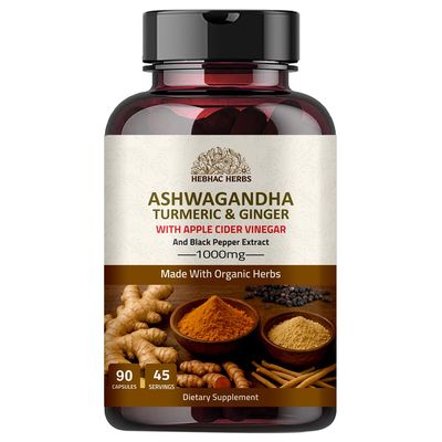 Ashwagandha Capsules 90 Capsules 1000mg With Turmeric, Ginger, Apple Cider Vinegar and black pepper Extract | GMO Free, Gluten Free, Vegan | 45 Days Supply.
