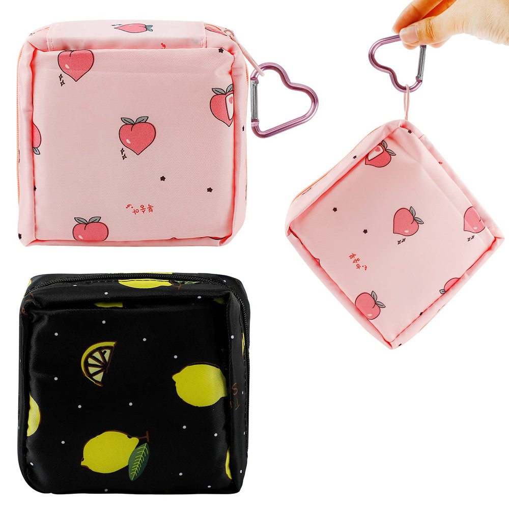2pcs Period Bag, Sanitary Napkin Storage Pad Bags for for Purse Feminine Product Organizer, Panty Liners Tampons Menstrual Cup Pouches with Hooks for Girls Women, 1 Count (Pack of 1), Travel