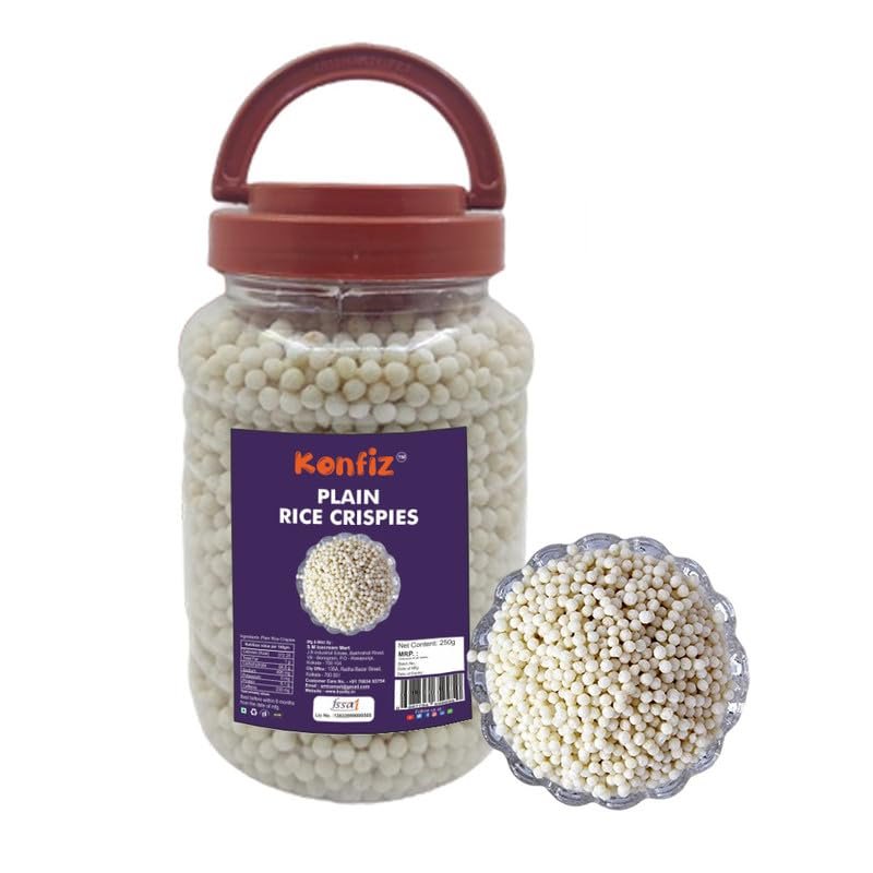 Konfiz Plain Rice Crispies | Rice Crispy, Rice Krispy, Krispies-Round Shape 5mm-6mm | 250g | Perfect for making home-made chocolates, desserts, crackers, cakes & many more