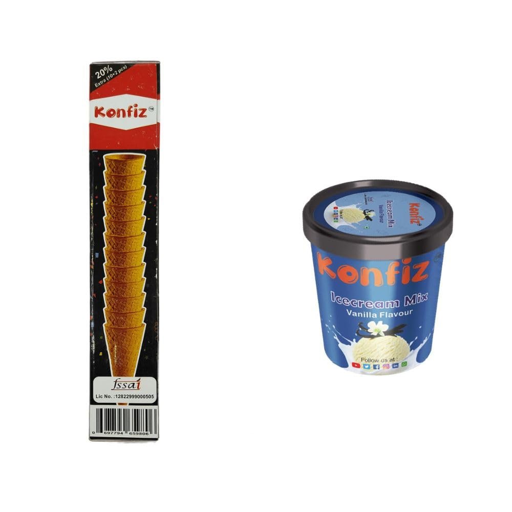 KONFIZ Wafer Cone/Ice Cream Cone/Waffle Cone (12pcs) with VANILLA ICECREAM PREMIX (100g) COMBO PACK