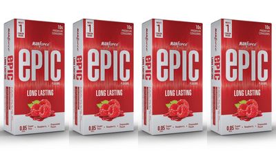 Manforce Epic Pleasure Long Lasting Premium Condoms for Men, Super Thin, Raspberry Flavour, Disposable Pouch (10 Counts) x Pack of 4