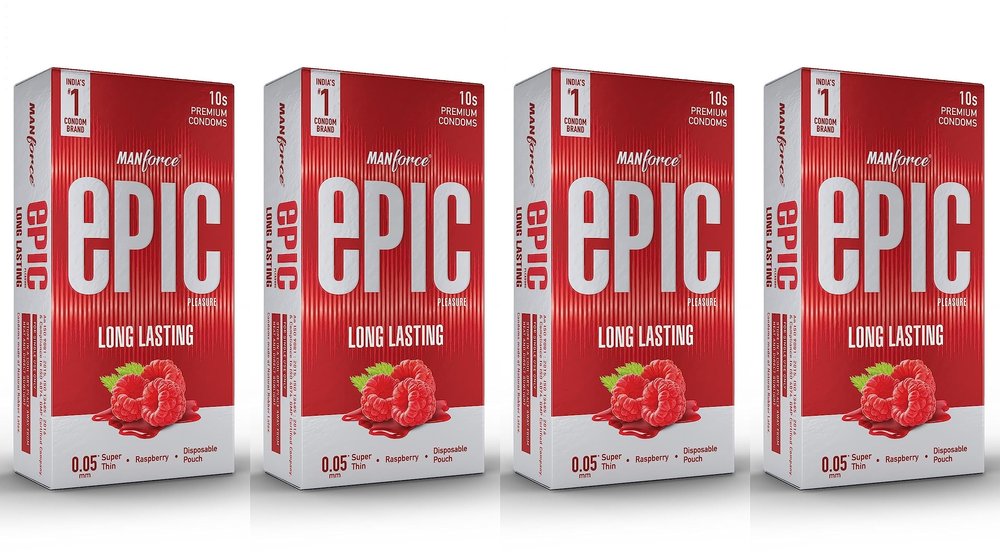 Manforce Epic Pleasure Long Lasting Premium Condoms for Men, Super Thin, Raspberry Flavour, Disposable Pouch (10 Counts) x Pack of 4