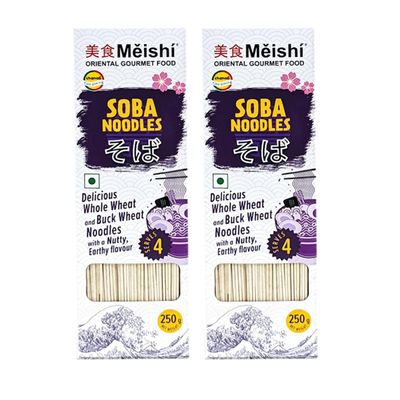 Meishi Soba Whole Wheat and Buck Wheat Noodles | 250g | Pack of 2 | Ideal for Asian recipes | Nutty Earthy Flavour | 4 Servings