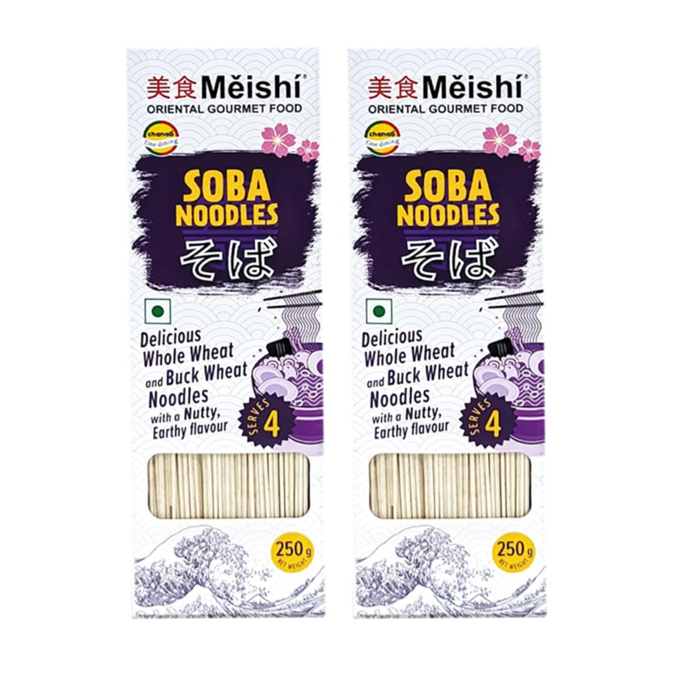 Meishi Soba Whole Wheat and Buck Wheat Noodles | 250g | Pack of 2 | Ideal for Asian recipes | Nutty Earthy Flavour | 4 Servings