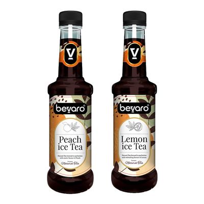 Bevaro Lemon Ice Tea & Peach Ice Tea Syrup Combo - 300 ml Each, (Pack of 2) | Flavored Gourmet Syrups for Mocktails, Iced Teas, Juices & Drinks | Premium Mixer for Refreshing Beverages