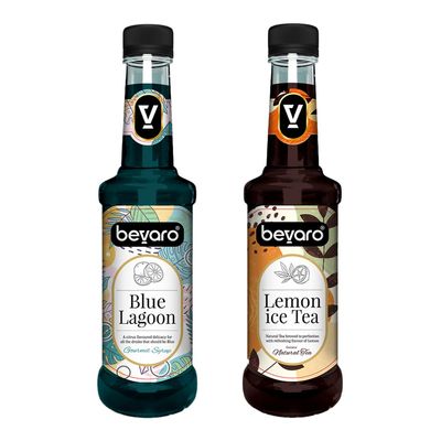 Bevaro Lemon Ice Tea Syrup and Blue Lagoon Syrup| Syrups for drinks| Mocktails Syrup Combo| Flavoured Syrup| Juices and Drinks| Cocktail Mixer (300 ml, Pack of 2)
