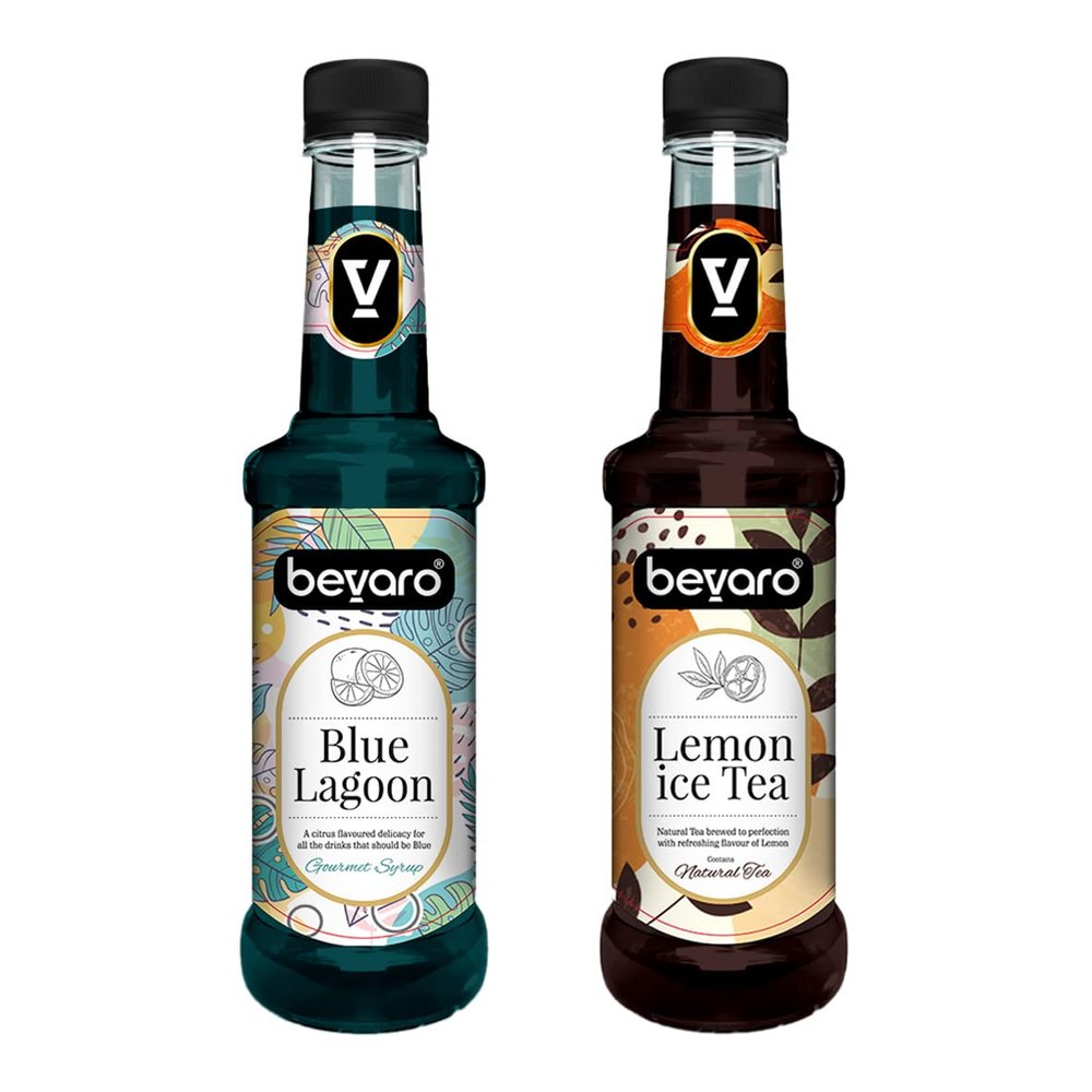 Bevaro Lemon Ice Tea Syrup and Blue Lagoon Syrup| Syrups for drinks| Mocktails Syrup Combo| Flavoured Syrup| Juices and Drinks| Cocktail Mixer (300 ml, Pack of 2)
