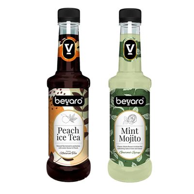 Bevaro Peach Ice Tea Syrup and Mint Mojito Syrup| Syrups for drinks| Mocktails Syrup Combo| Flavoured Syrup| juices and drinks |Cocktail Mixer (300 ml, Pack of 2)