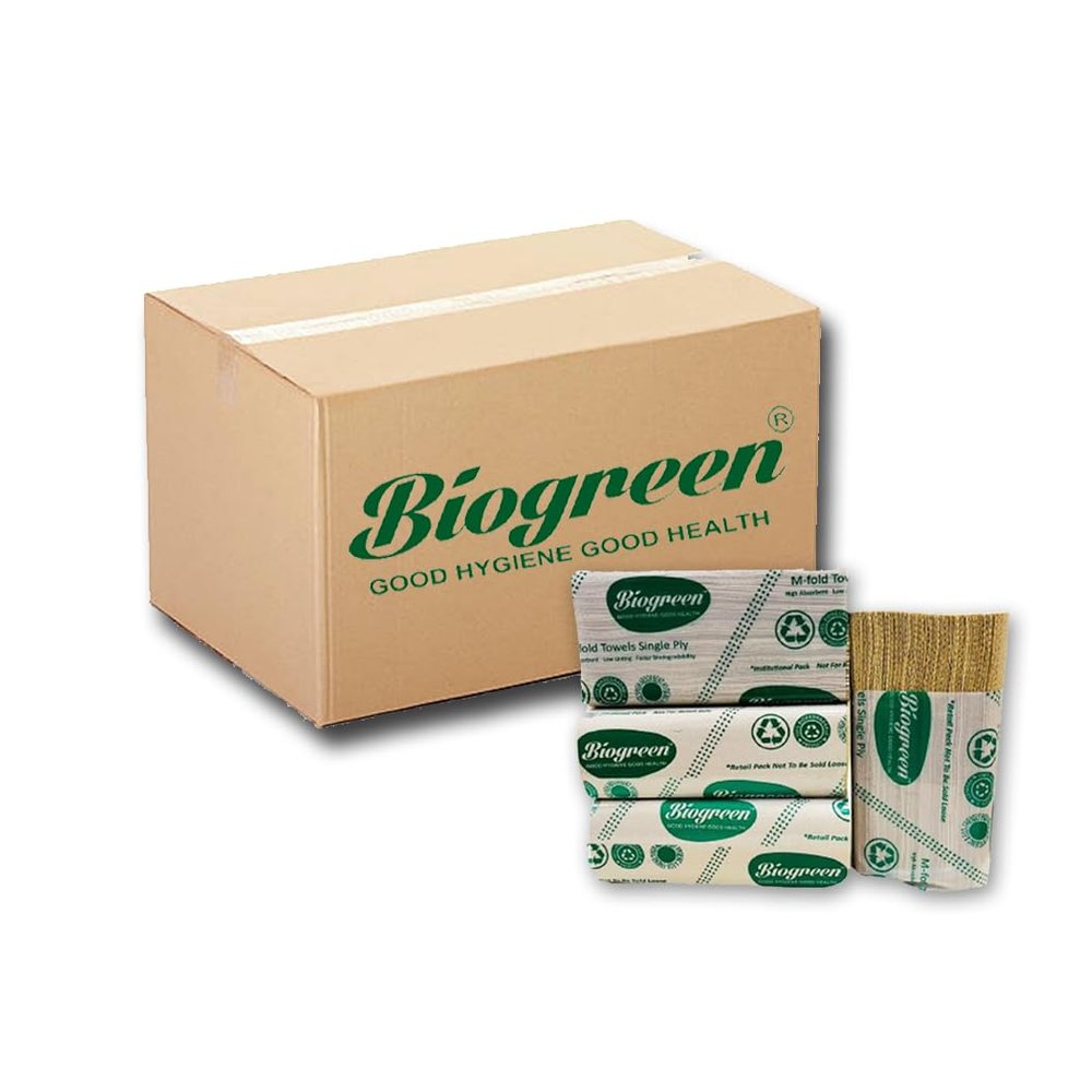 Biogreen M Fold Tissue Paper Towel | Pack of 4 | Sheet Size 21cm X 21cm 150 Sheet/Pkt 35 GSM Paper | 600 Sheets High Absorbent Mulitpurpose TIssue Paper/Tissue and unbleached paper