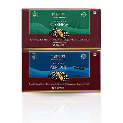 TARVOTI Premium Toffee- 2pc Combo | Roast Almond+Country Cashew | 6units box x 2pcs x 48g each | Combo Pack | Almond, Cashew, Ginger, Butter & Salted Caramel with Bourbon Vanilla