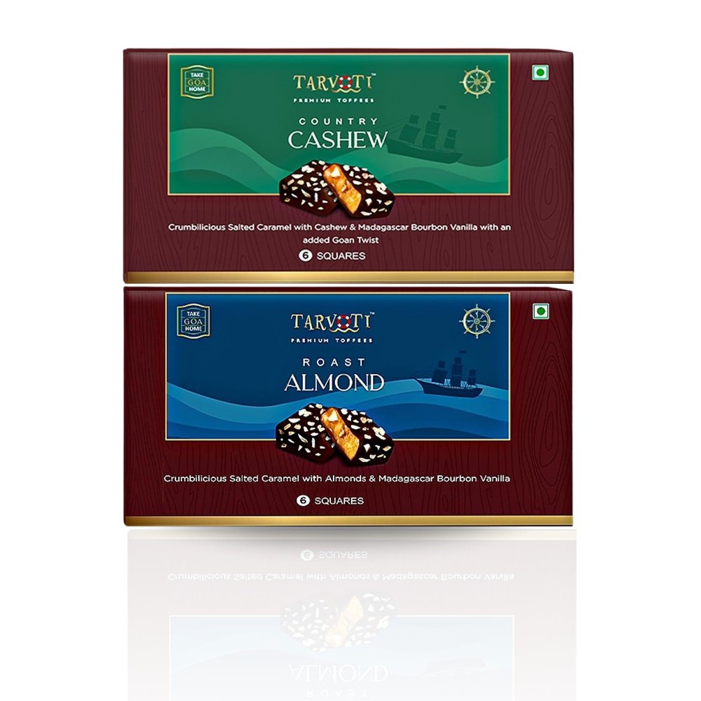 TARVOTI Premium Toffee- 2pc Combo | Roast Almond+Country Cashew | 6units box x 2pcs x 48g each | Combo Pack | Almond, Cashew, Ginger, Butter & Salted Caramel with Bourbon Vanilla