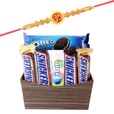 SFU E Com Delicious Chocolate Creamy Biscuit With Orbit Raw Mango Chewing Gum Hamper | Rakhi Chocolate Gift Hamper with Premium Rakhi for Brother | Roli, Chawal, Chandan, Misri | 1010