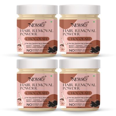 Newsio Pure Hair Removal Powder For Underarms, Hand, Legs & Bikini Line Three in one Use For D-Tan Skin, Removing Hair, Remove Dead cell in Chocolate Fragrance (Pack Of 4 Jar 400 gm)