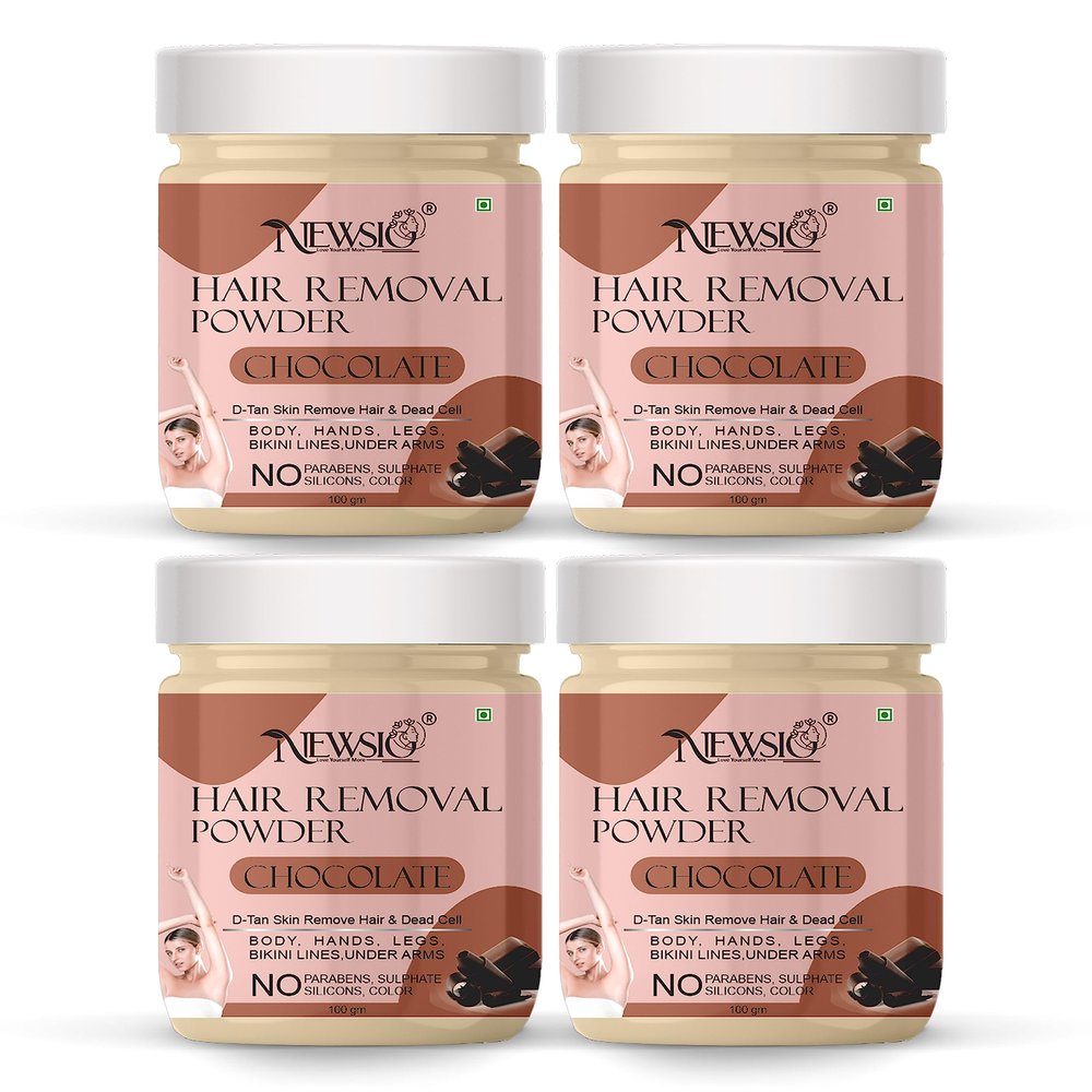 Newsio Pure Hair Removal Powder For Underarms, Hand, Legs & Bikini Line Three in one Use For D-Tan Skin, Removing Hair, Remove Dead cell in Chocolate Fragrance (Pack Of 4 Jar 400 gm)