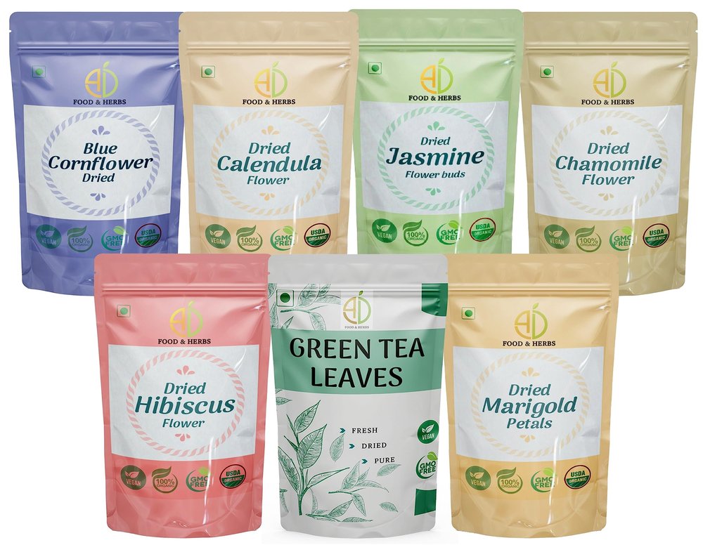 A D Food & Herbs Combo of Green Tea Leaves & Marigold/Rose/Hibiscus/Blue corn flower/Chamomile/Calendula- All Natural Flavour, Zero Calories (100 GMS x pack of 7)
