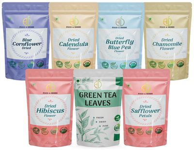 A D Food & Herbs Combo of Green Tea Leaves & Butterfly pea flower/Rose/Hibiscus/Blue corn flower/Chamomile/Calendula- All Natural Flavour, Zero Calories (100 GMS x pack of 7)