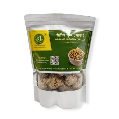 KJ Farm Fresh Pure Organic Jaggery/Gur/Gud Natural Sweetener Sugar Substitute Nutrient Rich Energy Booster Rich in Iron Pellet Form Pack of 1, 500 GM