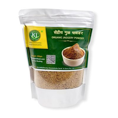 KJ Farm Fresh Pure Organic Jaggery/Gur/Gud Natural Sweetener Sugar Substitute Nutrient Rich Energy Booster Rich in Iron Powder Form Pack of 1, 500 Gm