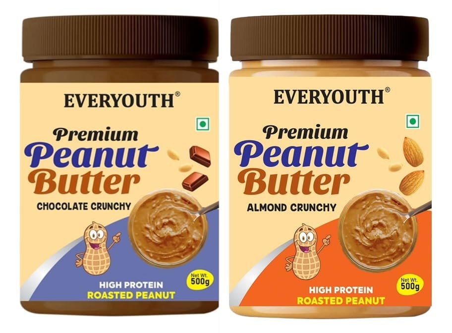EVERYOUTH Peanut Butter Chocolate Crunchy& Almond Crunchy Combo Pack, Delicious, High Protein - Pack of 2(500g each)