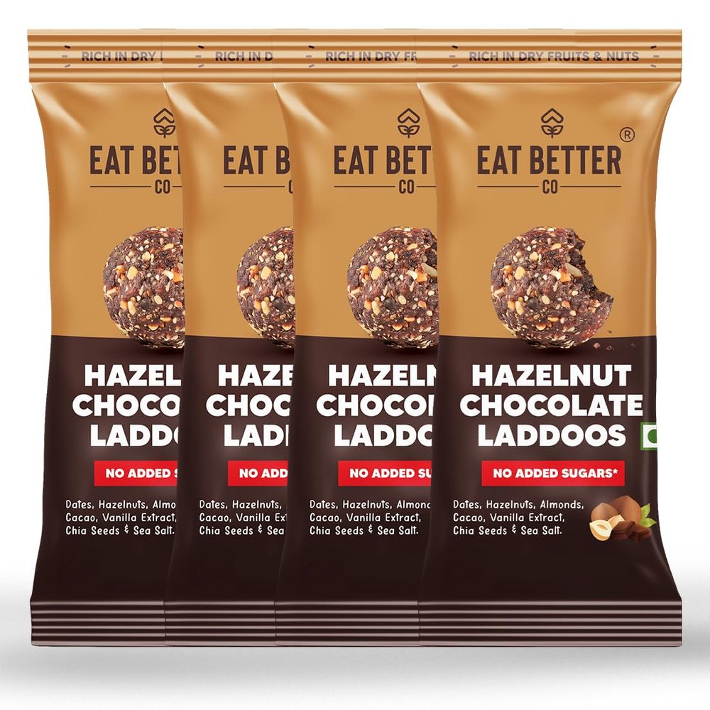 EAT BETTER CO - Hazelnut & Chocolate Dry-Fruit Ladoo Sugar-Free Laddu Healthy Snacks | Energy Bar Replacement | 100% Natural | Pack of 4 High Protein & Instant Energy,160 G