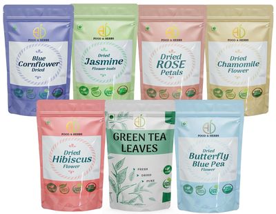 A D Food & Herbs Combo of Green Tea Leaves & Jasmine/Butterfly pea flower/Rose/Hibiscus/Blue corn flower/Chamomile- All Natural Flavour, Zero Calories (100 GMS x pack of 7)