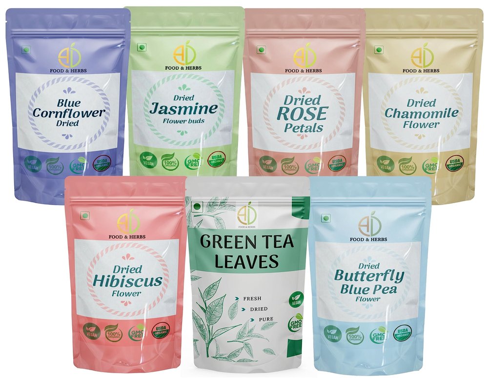 A D Food & Herbs Combo of Green Tea Leaves & Jasmine/Butterfly pea flower/Rose/Hibiscus/Blue corn flower/Chamomile- All Natural Flavour, Zero Calories (100 GMS x pack of 7)