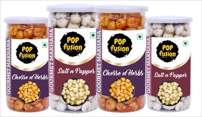 Popfusion Gourmet Roasted and Flavoured Makhana- Himalyan Salt & Pepper Makhana(70gm*2) and Cheese(70gm*2), Gluten free and Low Fat Snacks with Airtight Glass Jar - Pack of 4 (280gm)