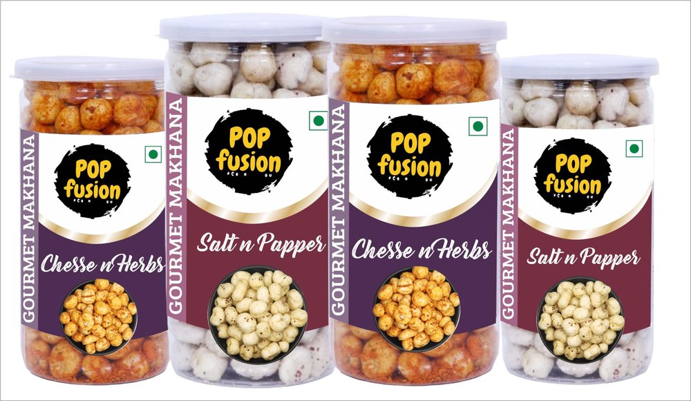 Popfusion Gourmet Roasted and Flavoured Makhana- Himalyan Salt & Pepper Makhana(70gm*2) and Cheese(70gm*2), Gluten free and Low Fat Snacks with Airtight Glass Jar - Pack of 4 (280gm)