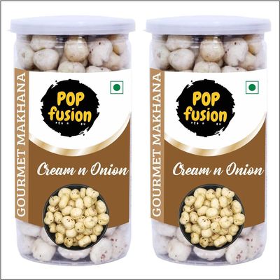 Popfusion Gourmet Roasted and Flavoured Makhana- Creamy Onion(70gm*2) - Gluten free and Low Fat Snacks with Airtight Glass Jar - Pack of 2 (140 gm)