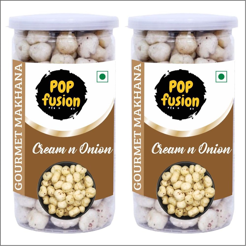 Popfusion Gourmet Roasted and Flavoured Makhana- Creamy Onion(70gm*2) - Gluten free and Low Fat Snacks with Airtight Glass Jar - Pack of 2 (140 gm)