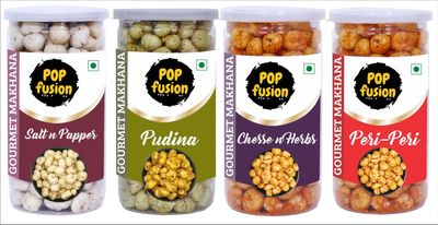 Popfusion Gourmet Roasted and Flavoured Makhana- Himalyan Salt (70gm), Pudina(70gm), Peri Peri(70gm) and Cheese(70gm), Gluten free and Low Fat Snacks with Airtight Glass Jar - Pack of 4 (280gm)