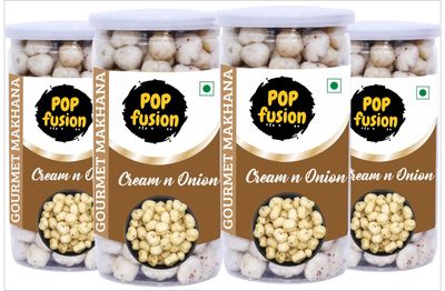 Popfusion Gourmet Roasted and Flavoured Makhana- Creamy Onion(70gm*4) - Gluten free and Low Fat Snacks with Airtight Glass Jar - Pack of 4 (280 gm)