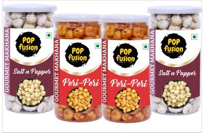 Popfusion Gourmet Roasted and Flavoured Makhana- Himalyan Salt & Pepper Makhana(70gm*2) and Peri Peri(70gm*2) - Gluten free and Low Fat Snacks with Airtight Glass Jar - Pack of 4 (280gm)