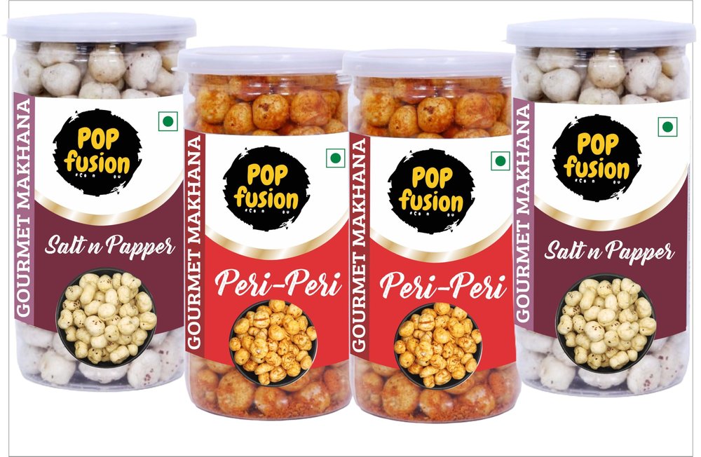 Popfusion Gourmet Roasted and Flavoured Makhana- Himalyan Salt & Pepper Makhana(70gm*2) and Peri Peri(70gm*2) - Gluten free and Low Fat Snacks with Airtight Glass Jar - Pack of 4 (280gm)