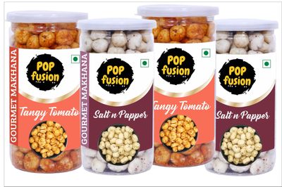 Popfusion Gourmet Roasted and Flavoured Makhana- Himalyan Salt & Pepper Makhana(70gm*2) and Tomato(70gm*2) - Gluten free and Low Fat Snacks with Airtight Glass Jar - Pack of 4 (280gm)