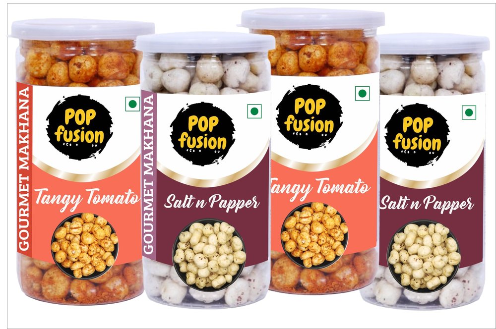 Popfusion Gourmet Roasted and Flavoured Makhana- Himalyan Salt & Pepper Makhana(70gm*2) and Tomato(70gm*2) - Gluten free and Low Fat Snacks with Airtight Glass Jar - Pack of 4 (280gm)