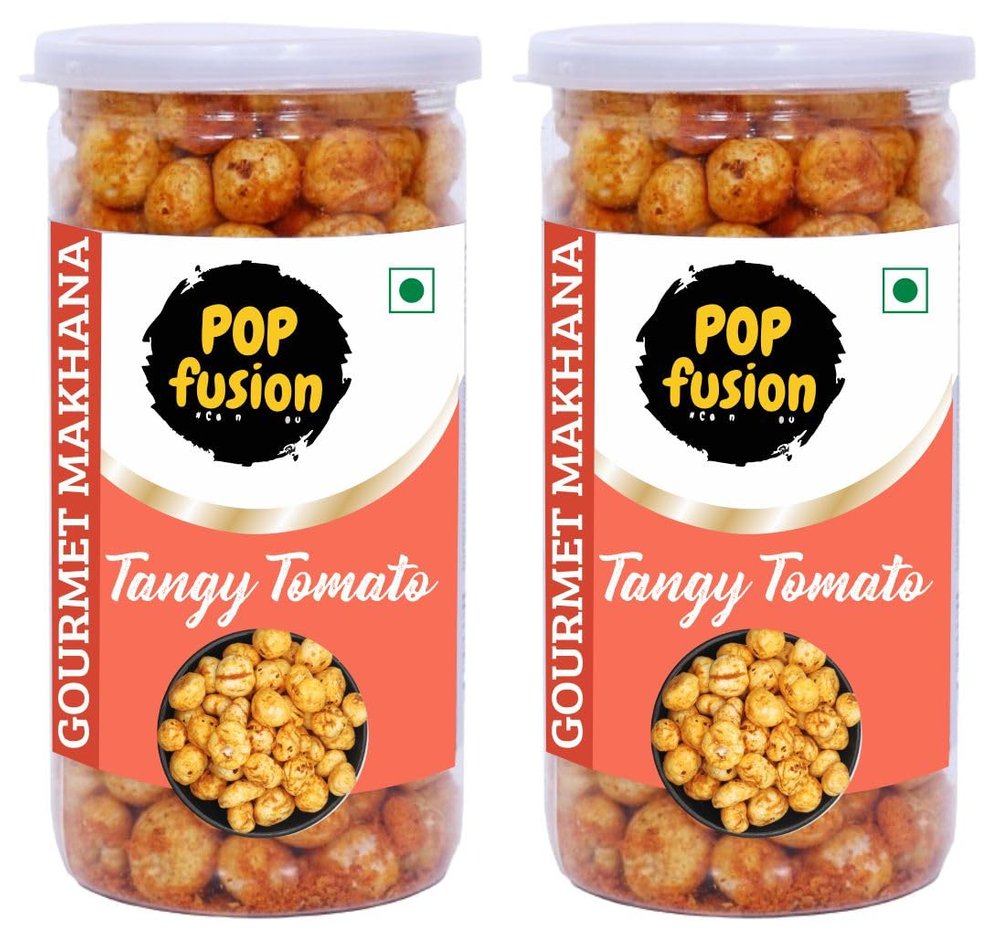 Popfusion Gourmet Roasted and Flavoured Makhana- Tomato(70gm*2) - Gluten free and Low Fat Snacks with Airtight Glass Jar - Pack of 2 (140 gm)