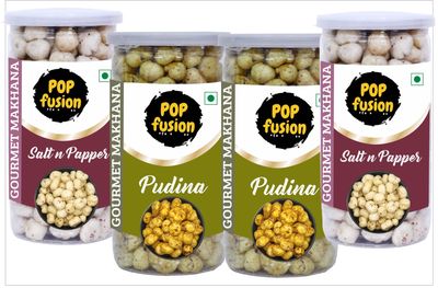 Popfusion Gourmet Roasted and Flavoured Makhana- Himalyan Salt & Pepper Makhana(70gm*2) and Pudina(70gm*2) - Gluten free and Low Fat Snacks with Airtight Glass Jar - Pack of 4 (280gm)