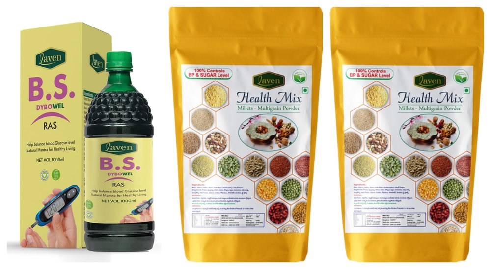 Laven | B S DYBOWEL RAS, (1000 ml) | & | Laven | Health Mix Pack of 2 500gr (1 kg) | Help balance blood Glucose level Natural Mantra For Healthy Living| Millets - Multigrain Powder, 100% natural |