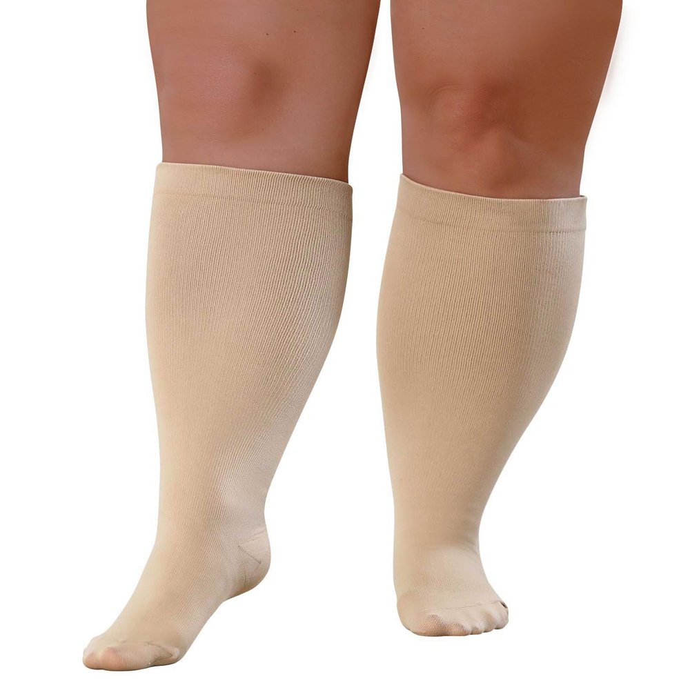 BODALA Plus Size Compression Socks for Women&Men, 20-30 mmHg Up to 7X-Large Extra Wide Calf Knee High for Support Circulation, Beige, 6X-Large