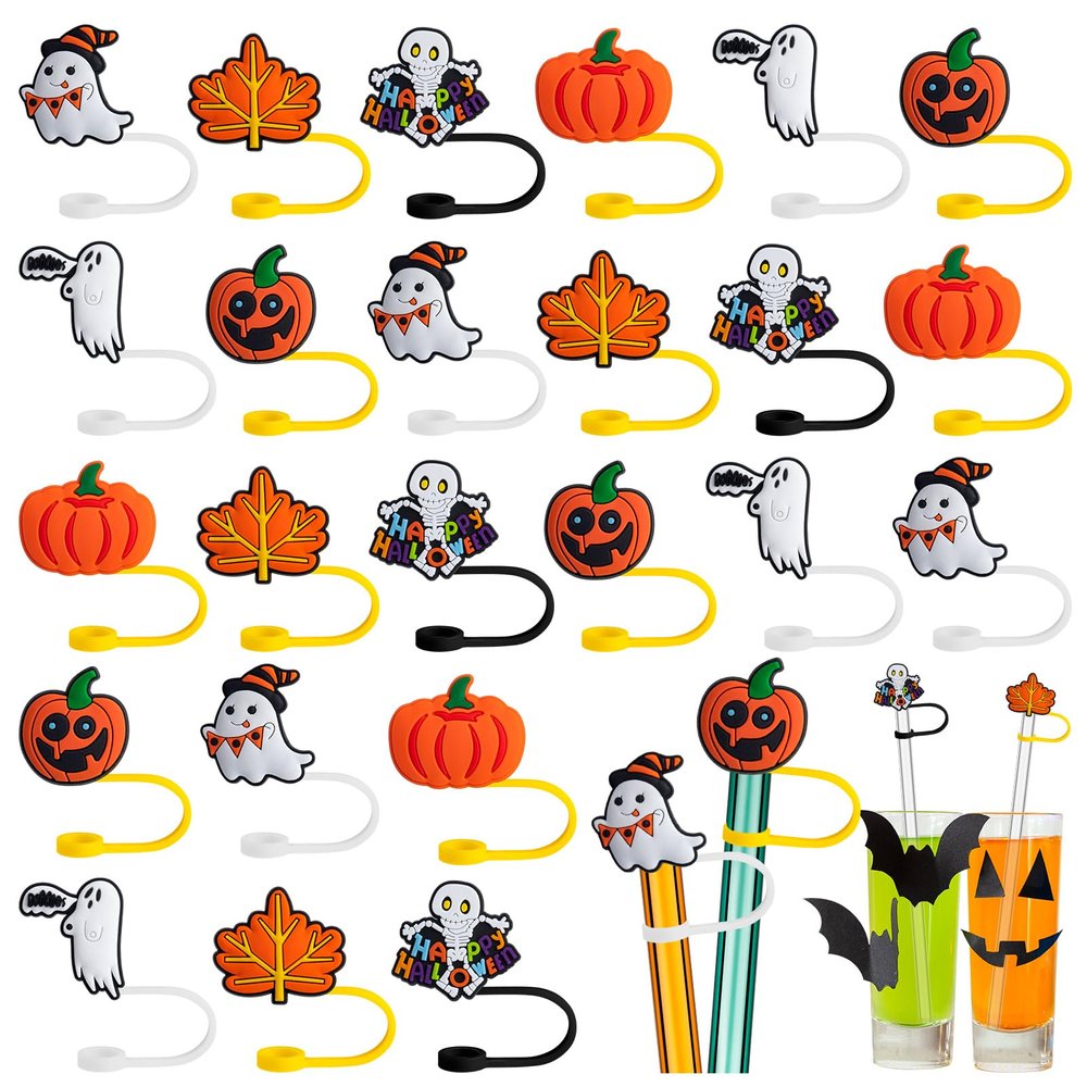 24 PCS Halloween Straw Toppers, Halloween Straw Cover Cap for Cup, 6 Style Halloween Style Cute Silicone Straw Drinking Tips Covers, Ghost Pumpkin Straw Accessories for Home Party Accessories