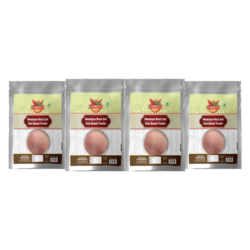 Changezi's Light pink Natural Black Salt Powder | Raita, Chaats and Salads Sprinkler Kala Namak | Sanchal Kiln Fired Black Salt Powder Kala Namak Non IodizedHealthy Cooking-400GM*4Pack