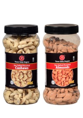 360 Roasted Whole Salty Cashews + Almonds Combo | Crunchy Badam, Crunchy Kaju | Protein Rich, Nutritious, Super Tasty | 1 Kg (500 Grams x 2) Jar