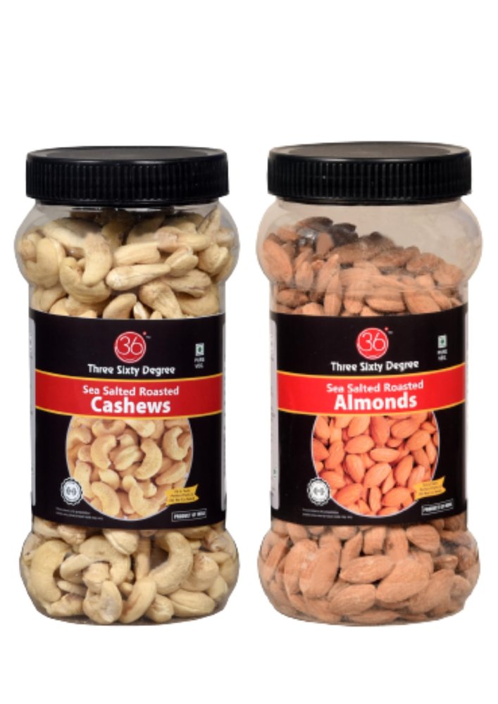 360 Roasted Whole Salty Cashews + Almonds Combo | Crunchy Badam, Crunchy Kaju | Protein Rich, Nutritious, Super Tasty | 1 Kg (500 Grams x 2) Jar