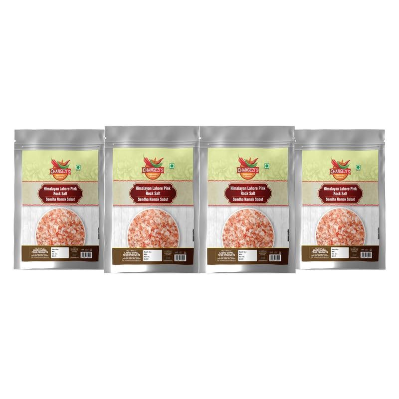 Changezi's Whole Granules Sendha Sindhav Namak Unrefined & Natural Used for Cooking Baking Sprinkling Fermenting Marinating | Himalayan Pink Rock Salt Crystals Chunks Highly Nutritious-1900GM*4Pack
