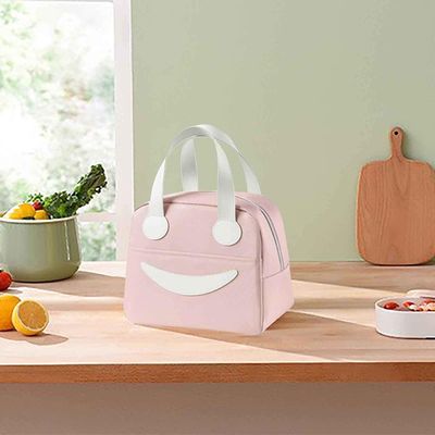 Bluwings Thermal Insulated Travel Lunch Bags Small for Women Work, Student Kids to School Leak-Proof Hot Cold Lunch Bag Reusable Tote Bag (1 Pc) (Smiley Bag Small-Pink)