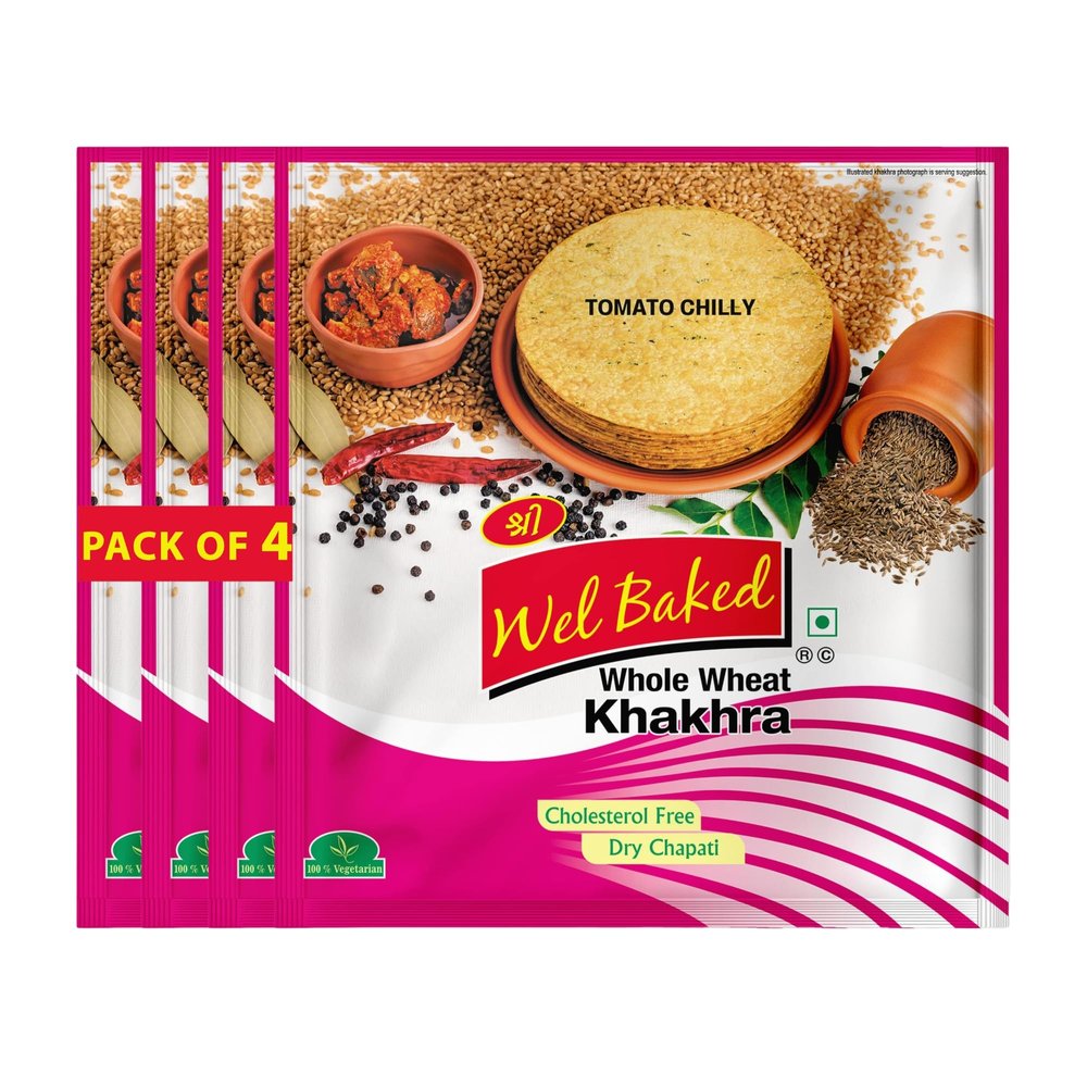 Wel Baked Whole Wheat Khakhra - Pack of 4 200gms |Tomato Chilly | Dry Chapati | Khakra Fresh Gujarati Namkeen Snacks | Ready To Eat - Roasted - Khakhra Snacks| Vacuum Packed