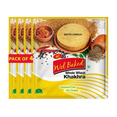 Wel Baked Whole Wheat Khakhra - Pack of 4 200gms | Methi Karela | Dry Chapati | Khakra Fresh Gujarati Namkeen Snacks | Ready To Eat - Roasted - Khakhra Snacks| Vacuum Packed