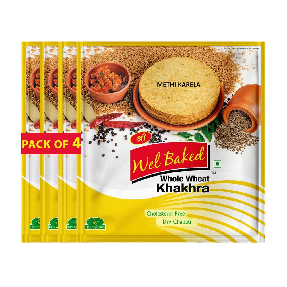 Wel Baked Whole Wheat Khakhra - Pack of 4 200gms | Methi Karela | Dry Chapati | Khakra Fresh Gujarati Namkeen Snacks | Ready To Eat - Roasted - Khakhra Snacks| Vacuum Packed