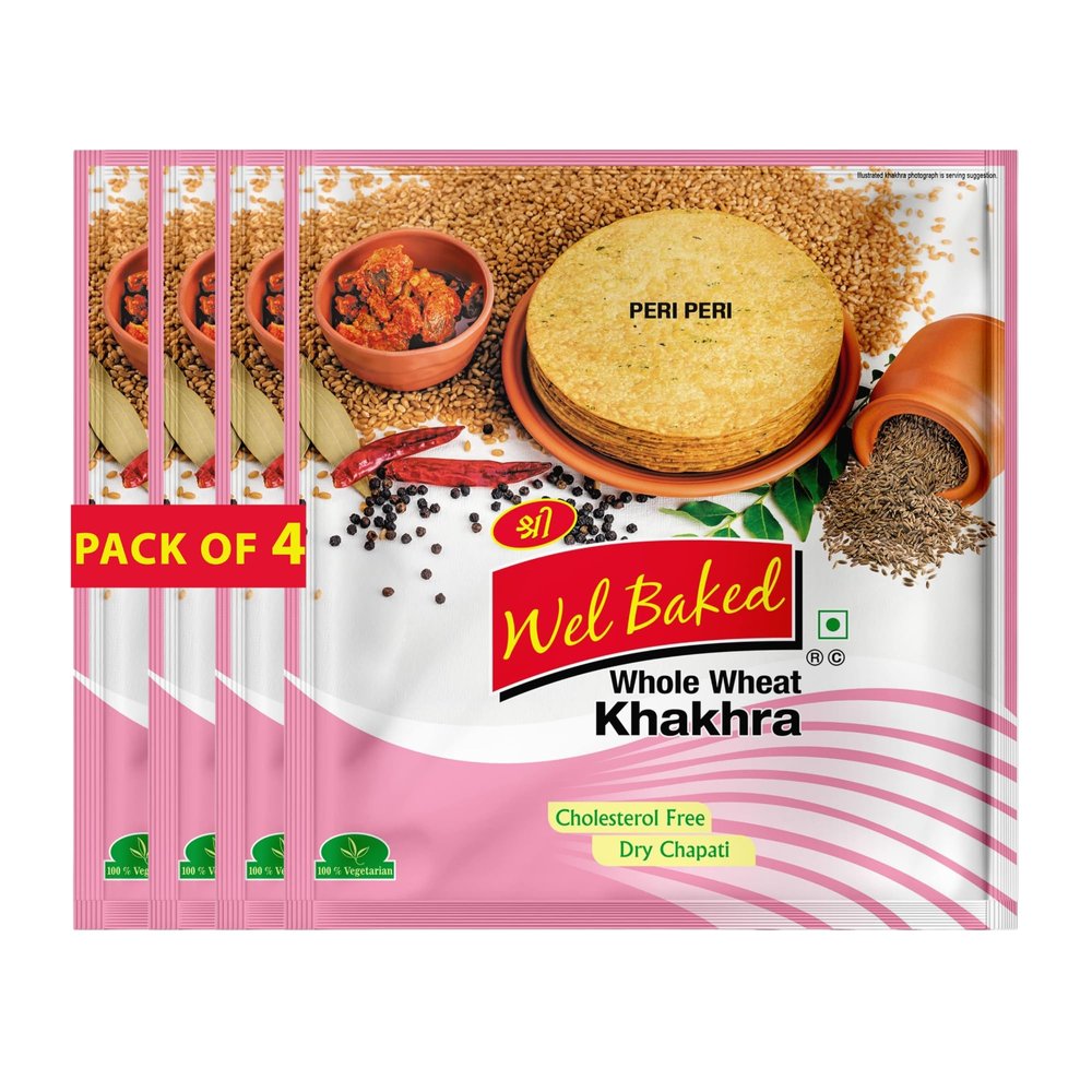 Wel Baked Whole Wheat Khakhra - Pack of 4 160gms | Peri Peri | Dry Chapati | Khakra Fresh Gujarati Namkeen Snacks | Ready To Eat - Roasted - Khakhra Snacks| Vacuum Packed